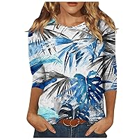 Fall Fashion 2024 for Women 3/4 Sleeve Shirt Casual Retro Round Neck Pullover Blouse Loose Fit Printed Top