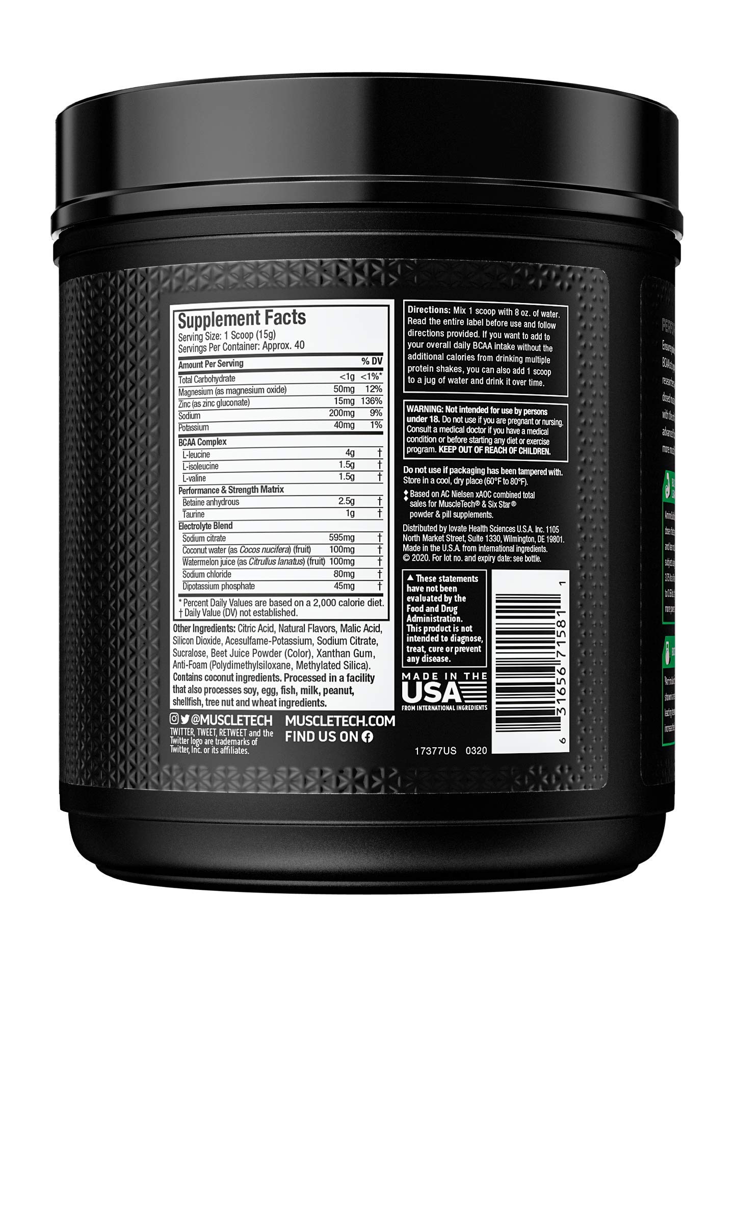 BCAA Amino Acids + Electrolyte Powder MuscleTech Amino Build 7g of BCAAs + Electrolytes Support Muscle Recovery, Build Lean Muscle & Boost Endurance Strawberry Watermelon (40 Servings)