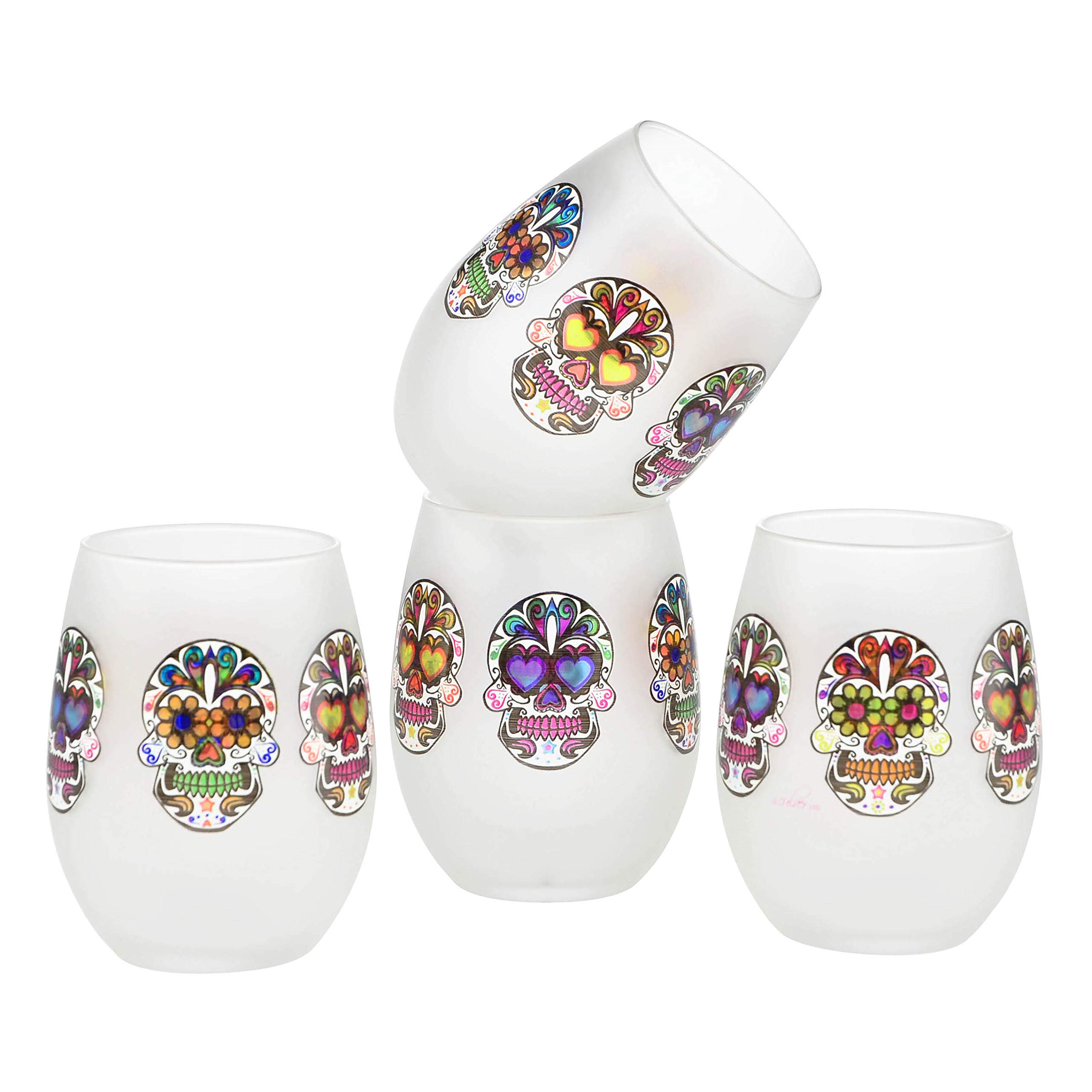 Culver Stemless Wine Glasses, 15-Ounce, Set of 4 Sugar Skulls (Frosted)