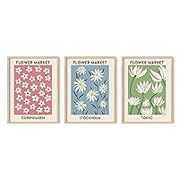 HAUS AND HUES Flower Market Posters Set of 3, Danish Pastel Wall Decor, Danish Posters, Framed Flower Painting, Blue, Green and Pink Posters, Flower Market Framed Pastel Posters (Beige Framed, 12x16)