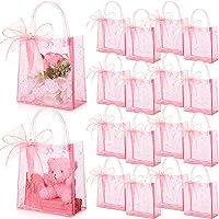 Sayglossy 24 Pcs Clear Pink Gift Bags with Handles 6.3 x 5.9 x 2.8 Inch Valentine Transparent Glitter Tote with Ribbons Reusable PVC Gift Wrap Bags for Baby Bridal Shower Wedding Birthday Party