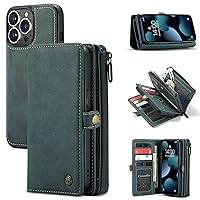 ZORSOME Wallet Case for iPhone 13 Pro, Detachable Magnetic Flip Leather Case Cover with Zipper Money Pouch (17 Card Slot),Blue
