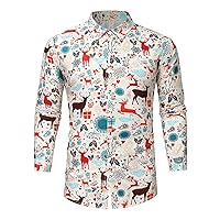Mens Christmas Shirts Long Sleeve Print Reindeer Xmas Trees Graphic Button Down Top Prom Wedding Party Dress Shirt