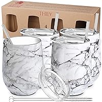 THILY Stainless Steel Stemless Wine Tumbler 4 Pack Vacuum Insulated Travel Wine Glasses Set with Sliding Lids and Straws, Keep Cold for Juice, Cocktails, Beer, Party, Christmas Gift, White Marble
