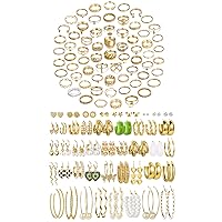 68 Pcs Gold Knuckle Rings Set & 44 Pairs Gold Hoop Earrings Set for Women Girls, Fashion Dangle Heart Statement Pearl Earrings Pack, Hypoallergenic Chunky Hoops Jewelry for Birthday Party Gift