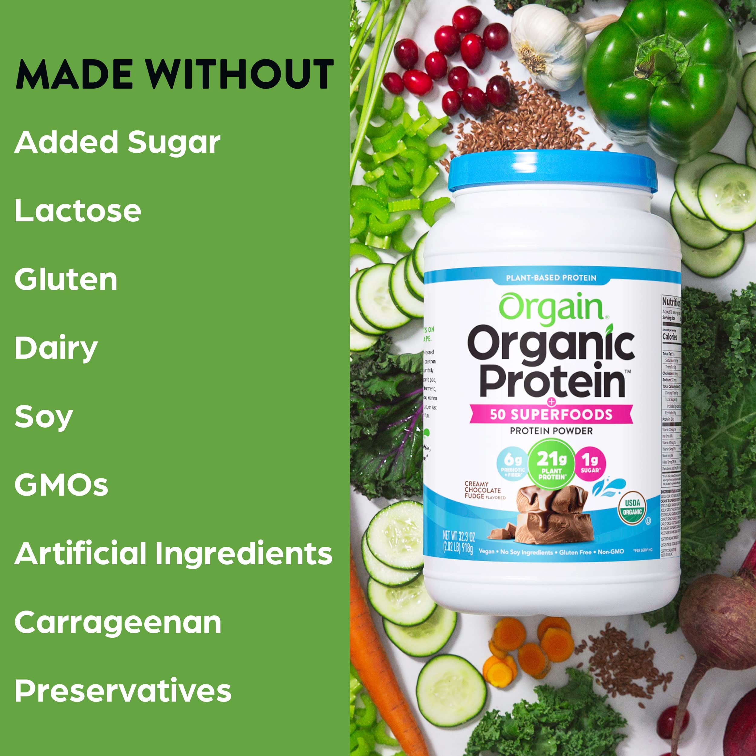 Orgain Organic Vegan Protein Powder + 50 Superfoods, Creamy Chocolate Fudge - 21g Plant Based Protein, Gluten Free, Dairy Free, Lactose Free, Soy Free, No Sugar Added, Kosher, B Vitamins - 2.02lb