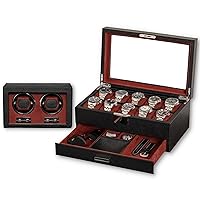 Gift Set 10 Slot Leather Watch Box with Valet Drawer & Matching Double Watch Winder - Luxury Watch Case Display Organizer, Locking Mens Jewelry Watches Holder, Men's Storage Boxes Glass Top Black/Red