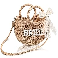 Pinkunn Bride Straw Purse Handwoven Bag Rhinestone Letter Patches Bag Bachelorette Party Honeymoon Wedding Bridal Shower Gift