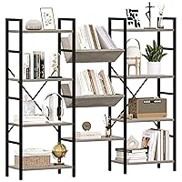 Triple Wide 4 Tier Book Shelf, 54.3” Large Bookcase with 11 Open Shelves, Industrial Bookshelves and Bookcases with Metal Frame for Home Office, Study Room, Living Room-Grey