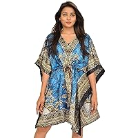 Floral Print Short Caftan Tunic Dress Nightdress Maxi Kaftan Free Size Cover up Dresses for Women (Teal Short), Turquoise, 36 inch