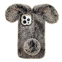 Bonitec Compatible with iPhone 14 Pro Max Bunny Case for Girls, Luxury Fur Cute Warm Handmade Rabbit Furry Fuzzy Fluffy Soft 3D Ear Rabbit Fur Hair Plush Ball Protective Case Cover for Women