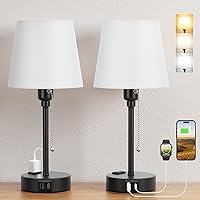 Bedside Lamps for Bedrooms, Set of 2, Mini Nightstand Lamp for Kids with 3 Color Modes 2700K-5000K, Small White Lamp with USB C+A Charging Port and AC Outlet for Side Table