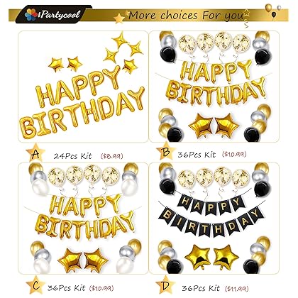 iPartycool 24pcs Birthday Balloons Banner, 3D Gold Premium Mylar Foil Ecofriendly Letter Happy Birthday Banner with 6pcs Star Balloons Kits for Kids Boys Men Adults Birthday Party Decorations HB0G…