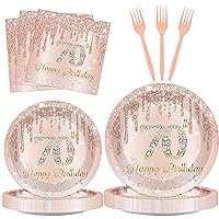 96 Pcs 70th Birthday Tableware Set Pink Rose Gold Supplies for 24 Guests Birthday Dessert Plates Happy 70 Years Old Birthday Dinnerware Disposable Birthday Plates Napkins Forks for Birthday Party