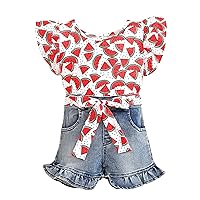 iiniim Toddler Girls Flamingo Fruits Print T-Shirt & Denim Shorts Set Summer Clothes Outfits