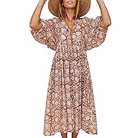 Casual Summer Dresses for Women Swing Floral Half Open Collar Boho Puff Sleeve Loose Midi Beach Dress
