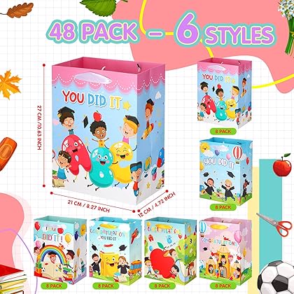 Cunno 48 Pieces Graduation Paper Gift Bags for Kids Preschool Graduation Gift Bags with Handle Kindergarten Treat Bags Goodie Candy Bags Wrapping Bags for Graduation Party Favors Supplies