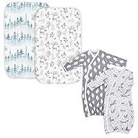 Bundle of 2 Organic Cotton Bedside Sleeper Sheets and 2 Kimono Gowns Size 0-6 Mo in Gender Neutral Nature Patterns. an Ideal Newborn Gift for Newborn Boy or Girl