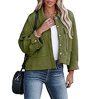 Athlisan Women's Cropped Waffle Knit Shacket Shirt Button Down Batwing Sleeve Jacket Tops with Pockets
