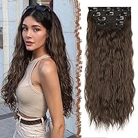 FESHFEN 4 PCS Clip in Extensions Thick Wavy Clip in Hair Extensions Synthetic Long Curly Wavy Moss Brown Hair Extension for Women Girls Full Head Hair Piece 20 inch