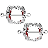 Body Candy Stainless Steel Barbell Dripping Red Vampire Fangs Nipple Shield Set of 2 14 Gauge 1 1/8
