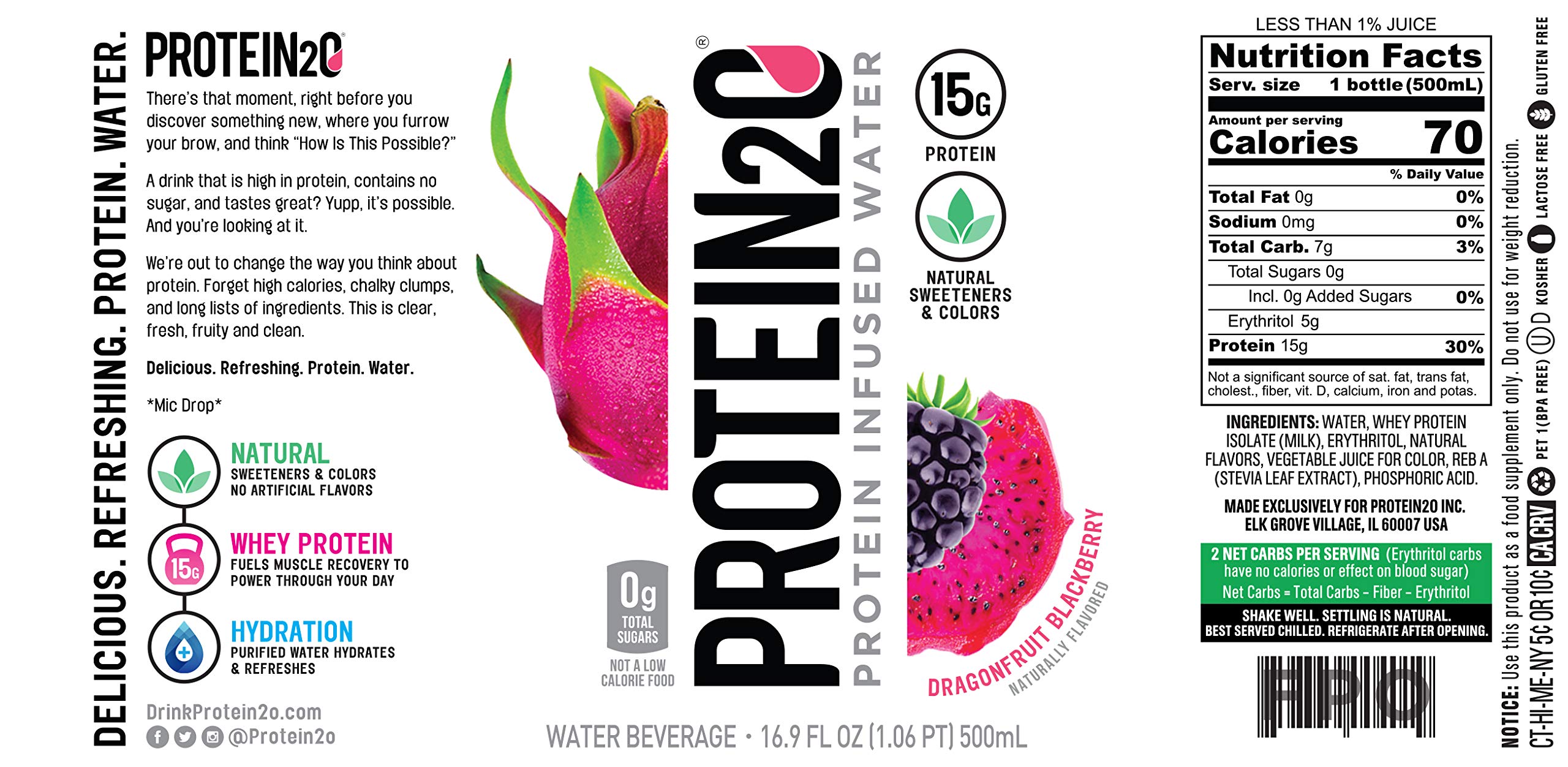 Protein2o 15g Whey Protein Isolate Infused Water, Ready To Drink, Sugar Free, Gluten Free, Lactose Free, No Artificial Sweeteners, Dragonfruit Blackberry, 16.9 oz Bottle (Pack of 12)