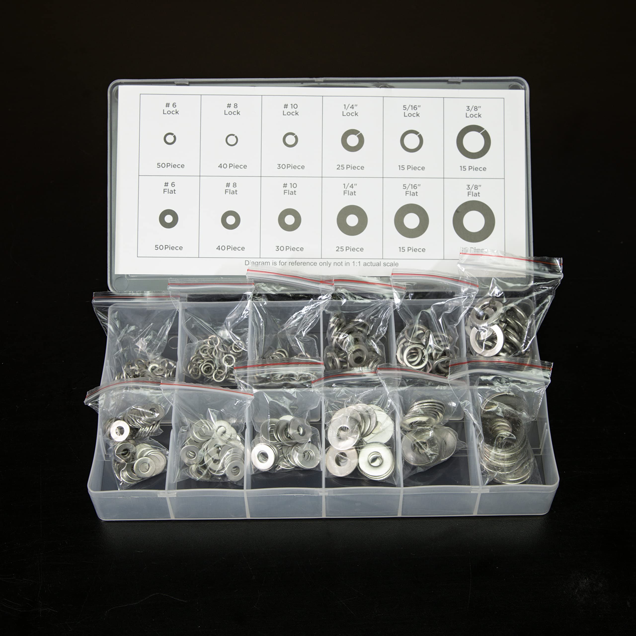 NEIKO 50400A Stainless Steel Lock and Flat Washer Assortment | 350 Piece Set | 12 Different Sizes in Spring Lock and Flat Design | Prevent Loose Fasteners