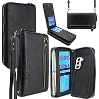 Lacass Compatible with Samsung Galaxy S22 5G 6.1 inch 2022 Crossbody Chain Dual Zipper Detachable Magnetic Leather Wallet Case Cover Wrist Strap 13 Card Slots Money Pocket(Black)