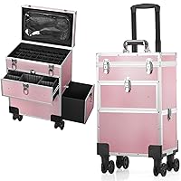Professional Rolling Makeup Train Case, Multi-functional Manicure Cosmetic Trolley with 360° Swivel Wheels and Locks, Large Storage Makeup Organizer Rolling Nail Case for Nail Technician Artists
