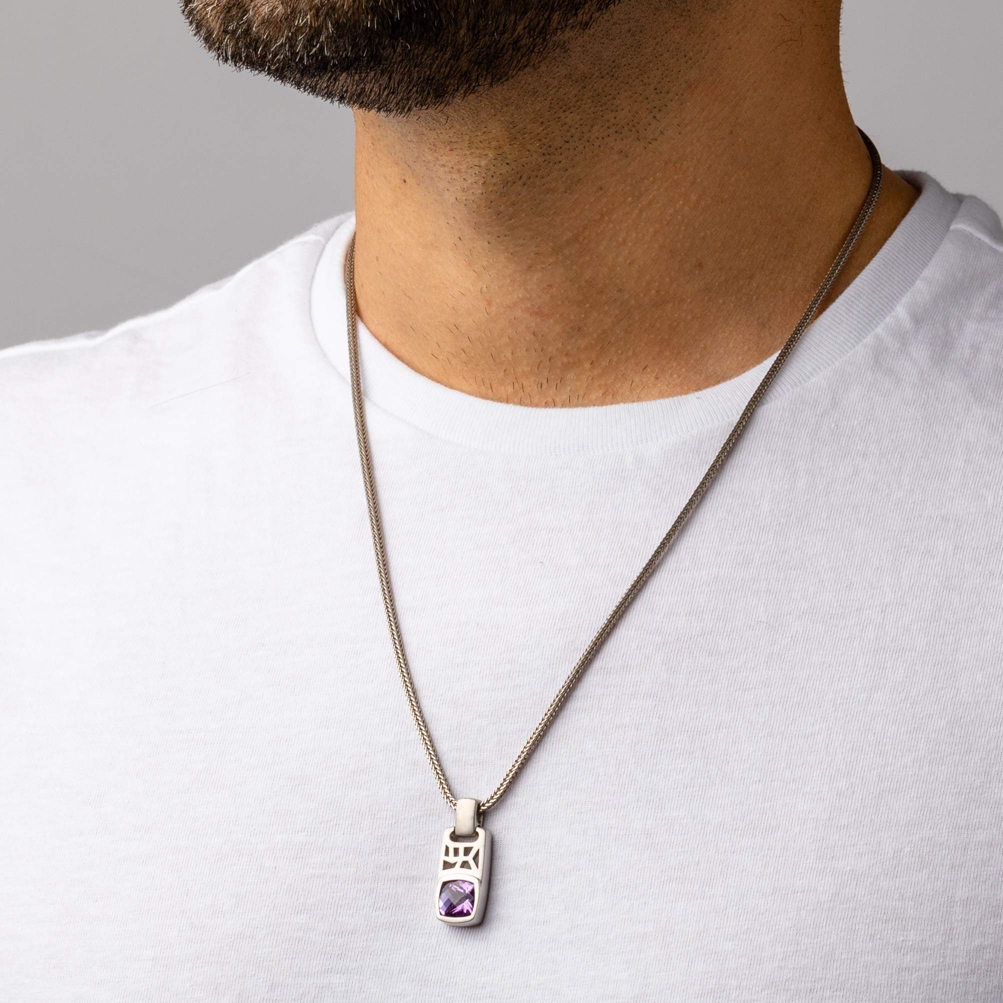 Peora Amethyst Tag Pendant Necklace for Men in Sterling Silver, 2.75 Carats Cushion Cut, Brushed Finished, with 22-Inch Italian Chain