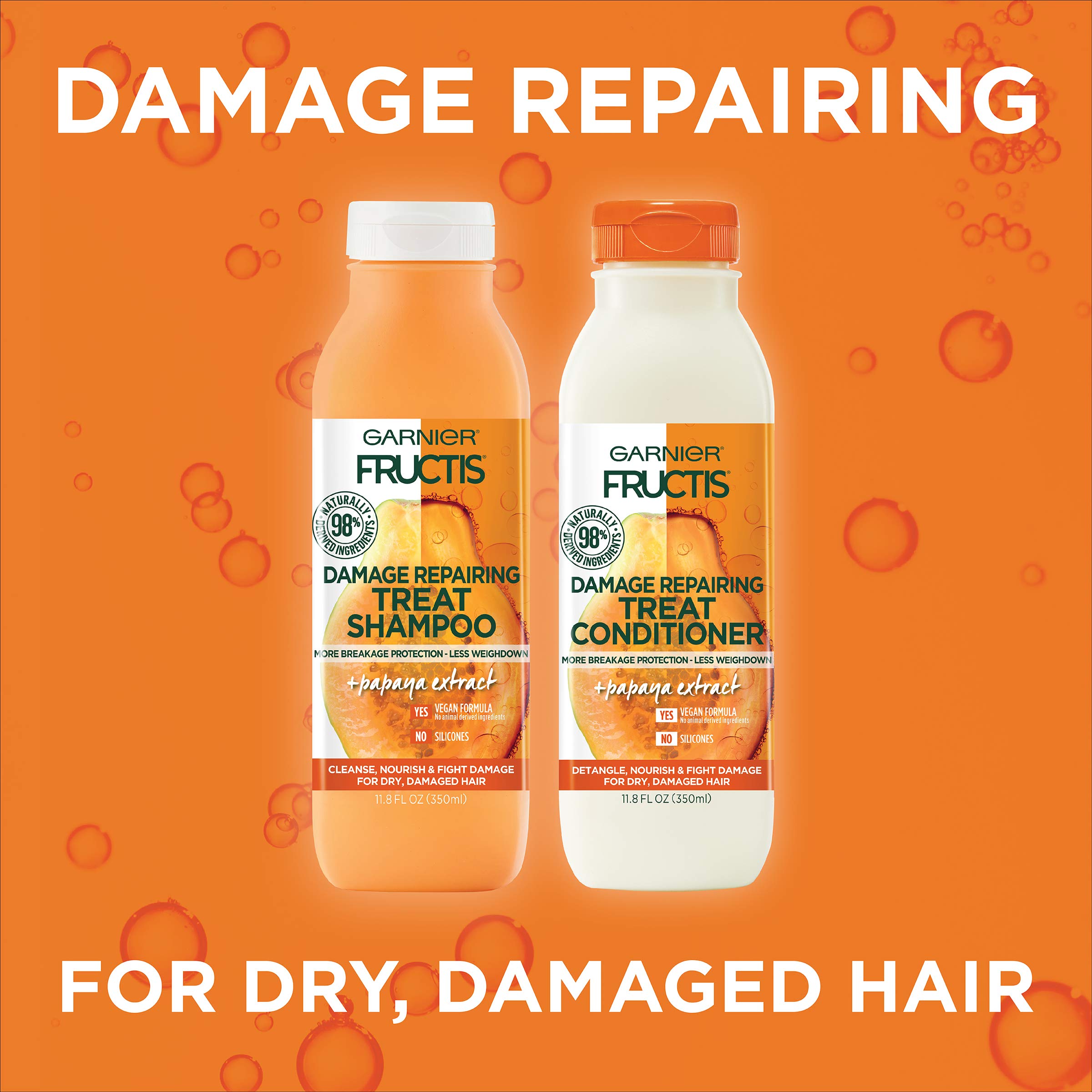 Garnier Fructis Damage Repairing Treat Conditioner, 98% Naturally Derived Ingredients, Papaya, Nourish Dry Damaged Hair, 11.8 Fl Oz