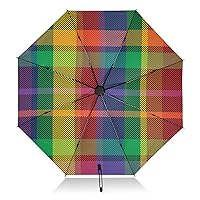 Rainbow Buffalo Plaid Compact Umbrella Inverted Travel Umbrella for Sun Rain Collapsible 8 Ribs Large Windproof UV Umbrella Automatic for Men Women