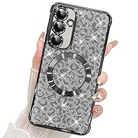 for Samsung Galaxy S24 Magnetic Case Compatible with Magsafe Glitter Bling Leopard Print Plating Case for Women Girls Shockproof Protective Phone Case-Black