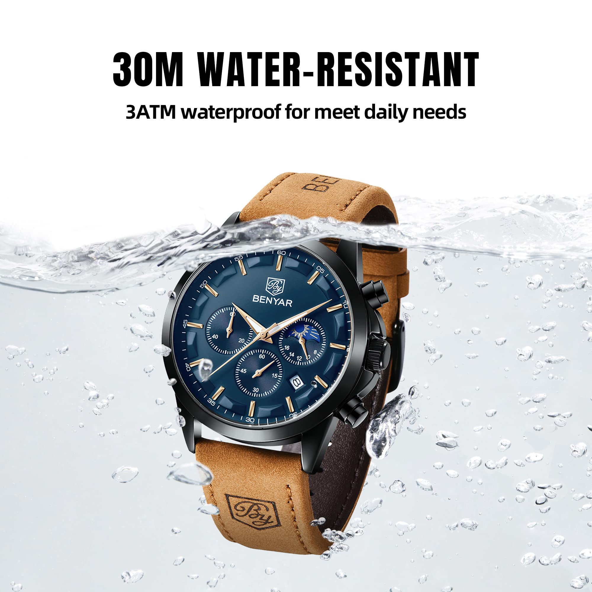 BY BENYAR Men's Watches Waterproof Sport Military Watch for Men Multifunction Chronograph Black Fashion Quartz Wristwatches Calendar with Leather Strap