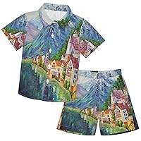 visesunny Toddler Boys 2 Piece Outfit Button Down Shirt and Short Sets Oil Painting Hallstatt Austria Boy Summer Outfits