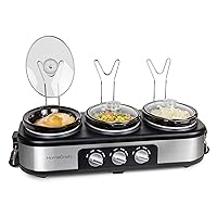 HomeCraft HCTSC15SS Stainless Steel 3-Station 1.5-Quart Oval Slow Cooker Buffet, with Lid & Spoon Rest, Adjustable Heat Control, Perfect for Parties, Holidays, Families