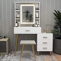 NeuType Vanity Desk with Mirror and Lights, Makeup Vanity with 4 Drawers, Vanity Mirror with Lights and Table Set, 3 Lighting Modes Brightness Adjustable Cushioned Stool, Rectangular Mirror White
