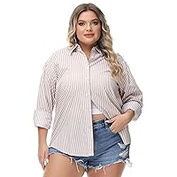 MCEDAR Women's Oversized Button Down Shirts Casual Plus Size Boyfriend Shirt Long Sleeve Striped Blouse (S-4X)