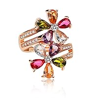 Uloveido Women's Multicolor Pear Cut Created Tourmaline Rings Rose Gold Plated Flower October Birthstone Adjustable Rings Birthday Gifts Ideas RJ134