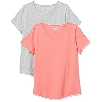 Amazon Essentials Women's Classic-Fit 100% Cotton Short-Sleeve V-Neck T-Shirt (Available in Plus Size), Pack of 2