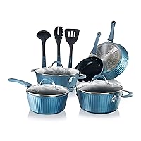 Nonstick Cookware Excilon Home Kitchen Ware Pots & Pan Set with Saucepan, Frying Pans, Cooking Pots, Lids, Utensil PTFE/PFOA/PFOS Free, 11 Pcs, Blue