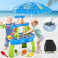 Water Table for Toddlers 1-3 3-5 with Umbrella/Water Pumb/Water Table Cover, 3-Tier Kids Sand Water Table, Rain Showers Splash Pond for Outdoor Beach, Activity Sensory Play Table for Boys Girls