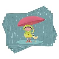 Ambesonne Rain Place Mats Set of 4, Illustration of a Little Girl and Her Duck Animal Friend with Umbrella in Rainy Season, Washable Fabric Placemats for Dining Table, Standard Size, Multicolor