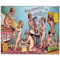 A Victorian trade card advertising pills claiming them to be a safe pleasant and reliable family medicine The advertisement feature a group of cherubs packing pills in pill boxes for distribution to