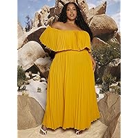 Plus Off Shoulder Pleated Dress (Color : Mustard Yellow, Size : US32/34)