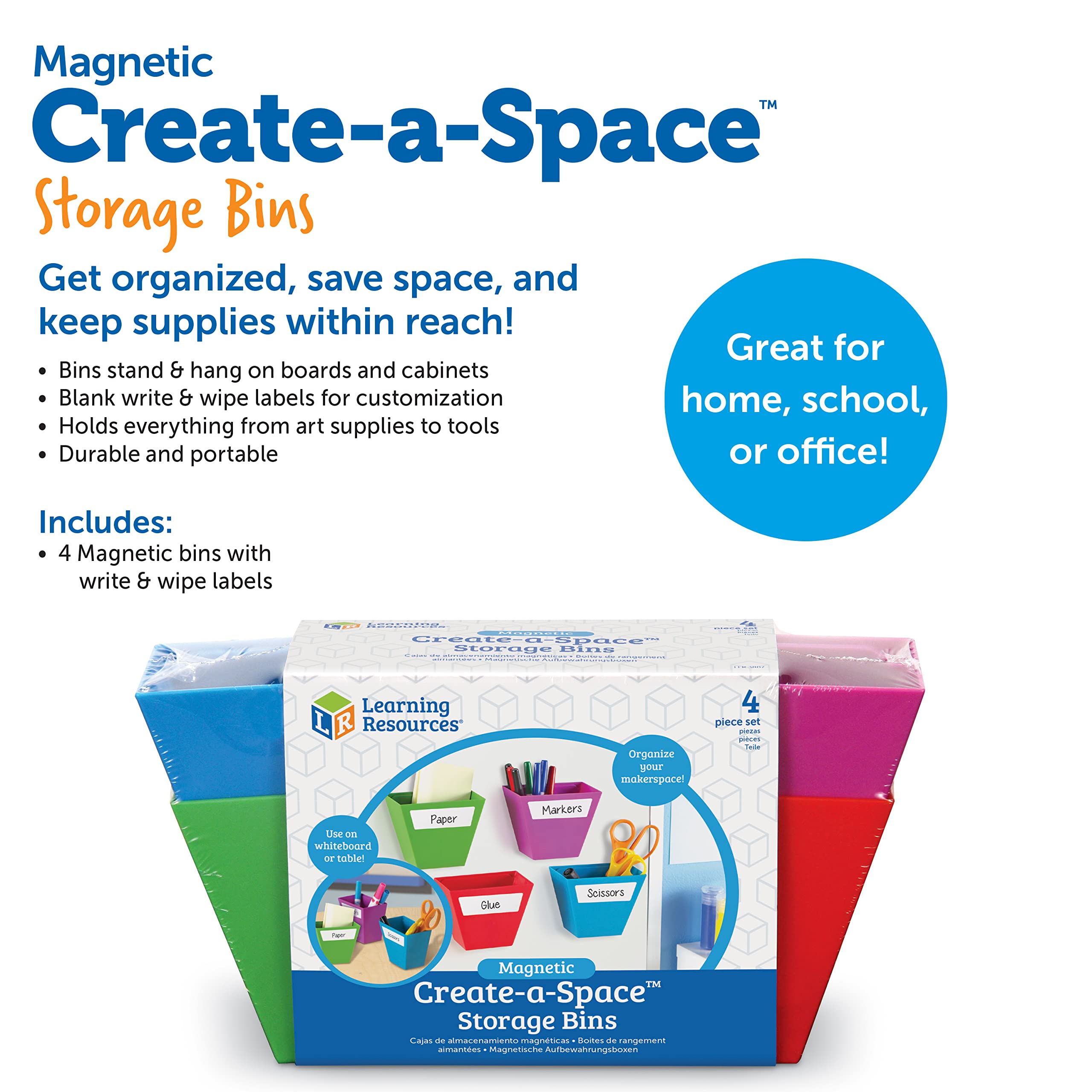 Learning Resources Create-a-Space Magnetic Storage Boxes - 4 Pack with Write & Wipe Labels Homeschool Accessories and Organizers, Craft and Crayons Organizer, Classroom Organizer