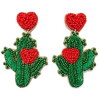 Green Saguaro Cactus with Red Hearts Sequin Seed Bead Dangle Earrings