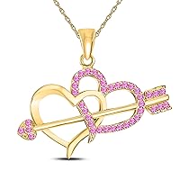 Valentine Day Special 14k Yellow Gold Plated Alloy 0.15 Ct Pink Sapphire Double Heart with Arrow Pendant Necklace with 18'' Chain
