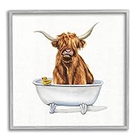 Stupell Industries Shaggy Country Cattle in Bathtub Rubber Duck, Designed by Donna Brooks Gray Framed Wall Art, 12 x 12, Brown