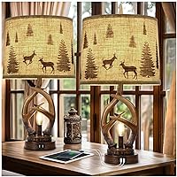 Scenekoy Rustic Farmhouse Antlers Table Lamp Set of 2 with Nightlight Dual USB Ports Linen Fabric Round Shade Bedside Lamp Decor for Living Room Bedroom Office House